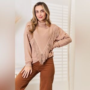 NEW**-Woven Right Turtleneck Fringe Front Long Sleeve Sweater OFFERS WELCOME